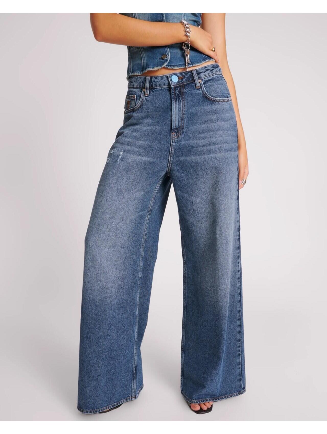 One Teaspoon Blue Thunder Love Machines Super Wide Leg Baggy Jeans Sz 28
